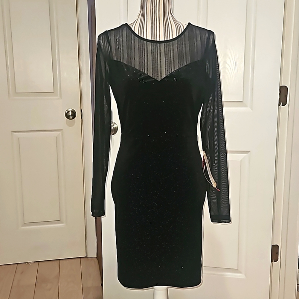 SOCIAL COUTURE Women Black Velvet Sparklers Long Sheer Sleeve Bodycon Size L